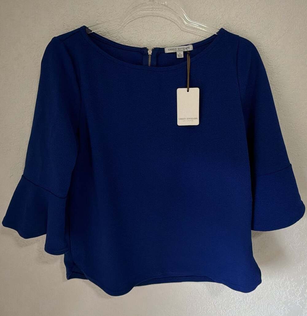 Green Envelope Blouse Size L Blue Bell Sleeve Zip Back Top